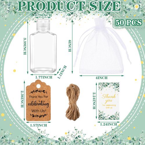 Tiangrid 50 Sets Mini Hand Sanitizer Bottles Wedding Favors Bulk for Guests 50 2oz Empty Travel Size Hand Sanitizer Bottles with 50 Organza Bags Thank You Tags for Wedding Party (Green,Eucalyptus)