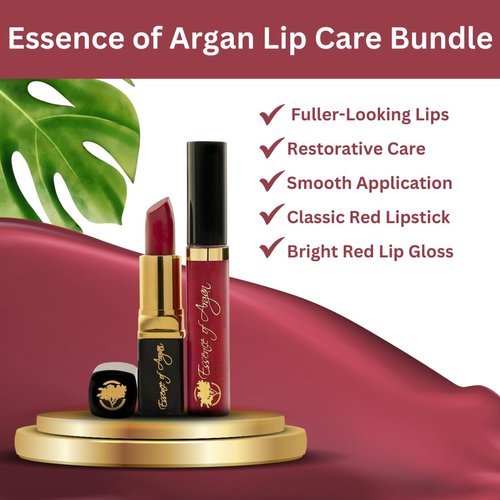 Essence Of Argan Lip Care Bundle - Moisturizing Deep Red Lipstick & Nourishing Lip Gloss with Organic Moroccan Argan Oil - Voluptuous Sexy Lips - Sun Protection, Long Lasting & Colorful Lip Balm Set…