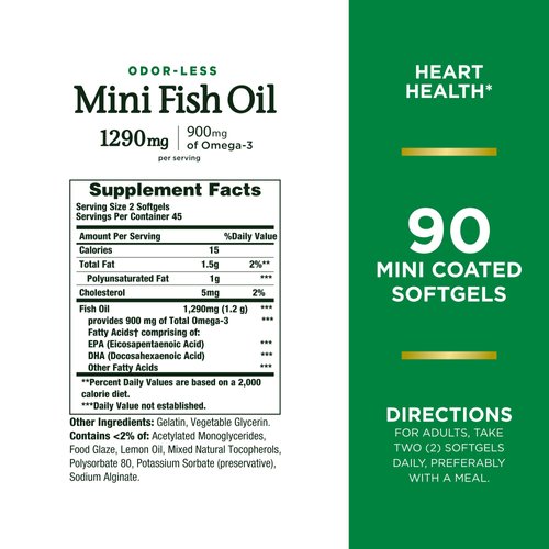 Nature's Bounty Mini Fish Oil Softgels 1290 mg, Omega-3, Supports Heart Health, Odor-Less, 90 Mini Coated Softgels