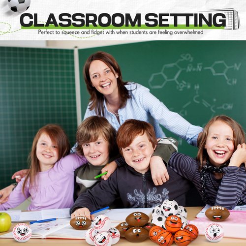 Arrowbash 24 Pcs Mini Face Stress Balls for Boys Girls Mini Basketball, Football, Baseball, Soccer Stress Balls Funny Face Squeeze Balls Anxiety Relief Balls for Party Favors Birthday Gift Decoration