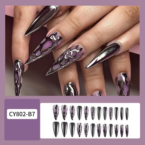 Black Press on Nails Long Almond - Summer Cute Fake Nails Purple False Nails Press ons Full Cover Nail Tips with Spider Web Shape Design Acrylic Nail Kit for Women 24 Pcs