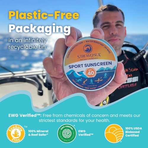 STREAM2SEA Sunscreen Balm in Tin, SPF40 Reef Safe Mineral Sunscreen, Face & Body Biodegradable Sunscreen, Natural Organic Unscented Travel Size Reef Safe Sunscreen with Zinc Oxide, 2.8 oz