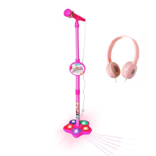MISS. CHEN 7&7 Kids Karaoke Microphone with Adjustable Stand - Standing Mic for Portable Singing, Retractable Headset for Music & Sing-Along, Flashing Stage Light Base - Suitable for Children (A)