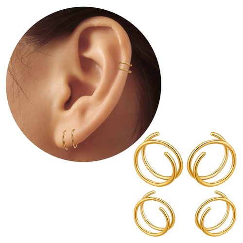 Trinckle Double Hoop Earrings for Single Piercing,Small gold hoop earrings as Cartilage Earring,Helix Piercing jewelry,Spiral Nose Ring,316L Surgical Steel Faux Double Tiny Twist Earrings for Women