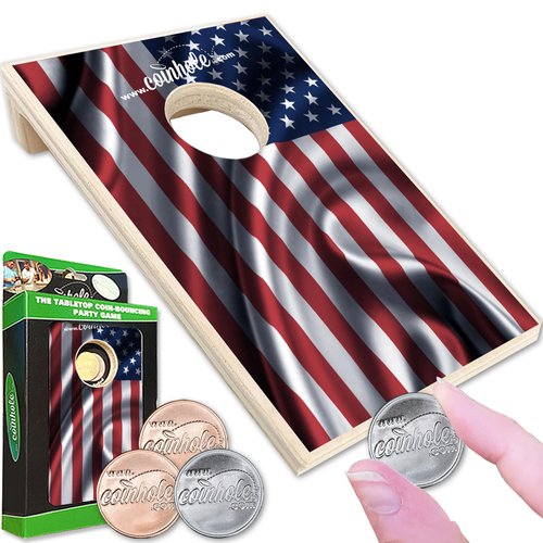 Coinhole Mini Cornhole Single Board Game | Portable Tabletop Bean Bag Toss Game for Indoor & Outdoor Fun | Includes Coins for Game Play (Single Board Play American Flag)