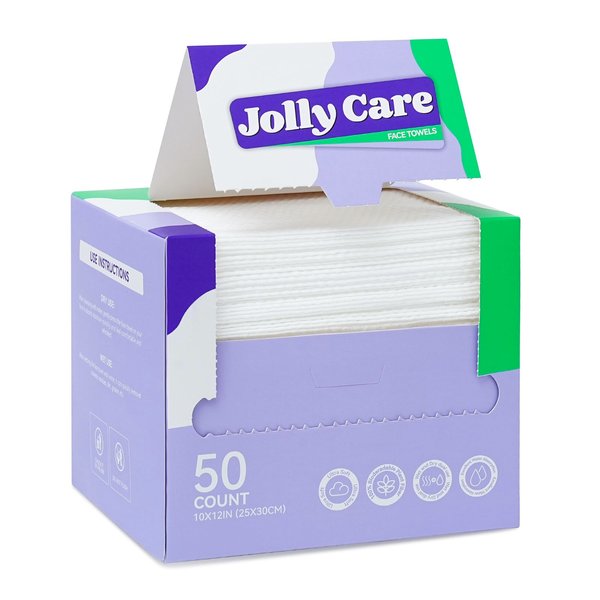 Jolly Care Disposable Face Towels, 10"×12" XL Face Towelette Disposable, Soft Makeup Remover Dry Wipes, Thick Facial Tissue for Women Cleansing, Skin Care, 50 Count (1 Pack)