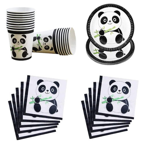 Black White Panda Party Supplies, Include 20 Panda Plates 20 Cups and 20 Paper Napkins, Disposable Tableware Set for Kids Baby Shower Birthday Decorations, for 20 guest