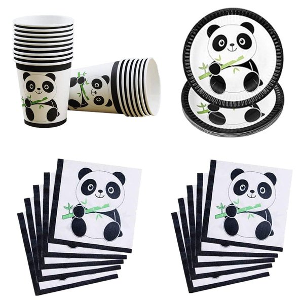 Black White Panda Party Supplies, Include 20 Panda Plates 20 Cups and 20 Paper Napkins, Disposable Tableware Set for Kids Baby Shower Birthday Decorations, for 20 guest