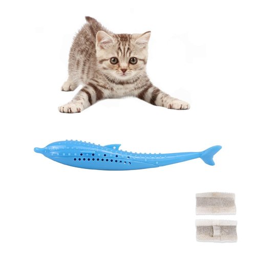 AKOAK Cat Toothbrush, Catnip Toys, Soft and Durable Silicone Cat Chew Toys Easy to Clean and Bite Resistant Fish-Like Interactive Toys, Pack of 1 (Blue)
