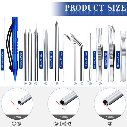 14 Pieces Paracord Tools Paracord FID Needle Set Paracord Stitching Set Stainless Steel Lacing Needles Smoothing Tool Knotter with Marlin Spike for Paracord Work Leather Weaving (Blue)