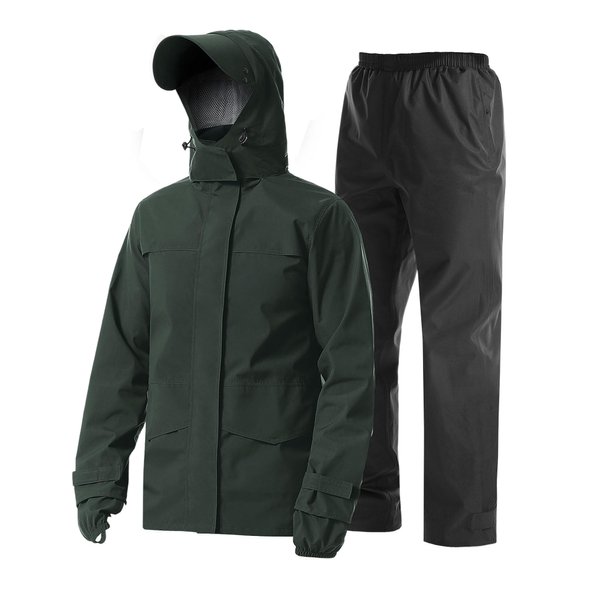 iCreek Rain Suit Waterproof Jacket with Pants 2 Pieces Breathable Lightweight Packable Raincoat with Hooded Rainwear Unisex（S, Grey Green）