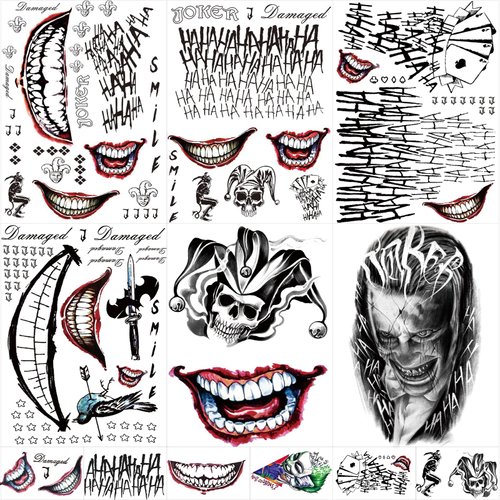 JEEFONNA 16 Sheets Halloween Temporary Tattoos for Joker for Suicide Squad, Perfect Halloween Tattoos for Harley Quinn, Costumes, Halloween Party Accessories and Cosplay for Harley Quinn (Men's)