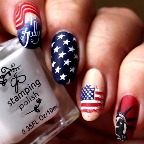 4th of July Oval Press on Nails Medium Length, USA Independence Day False Nails American Flag Statue of Liberty Designs Patriotic Fake Nails Full Cover Stick on Nail for Women procession Glue on Nails