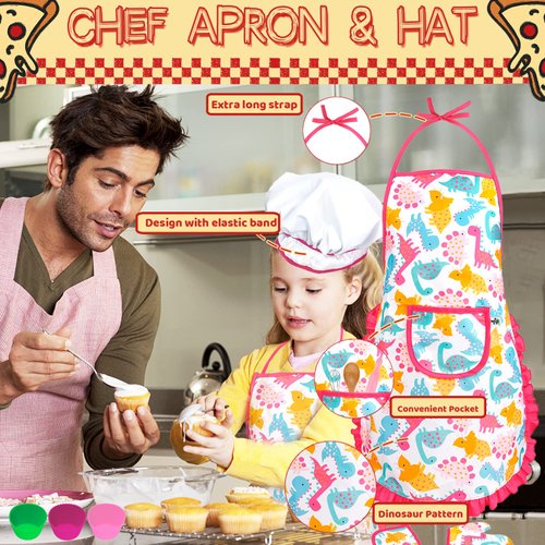 KAEGREEL Kids Baking Set 26Pcs with Dinosaur Apron & Hat Cooking Chef Dress Up Role Play Toys, Kitchen Toys Pretend Play Gifts for Girls Boys Aged 3 4 5 6 8 Years Old