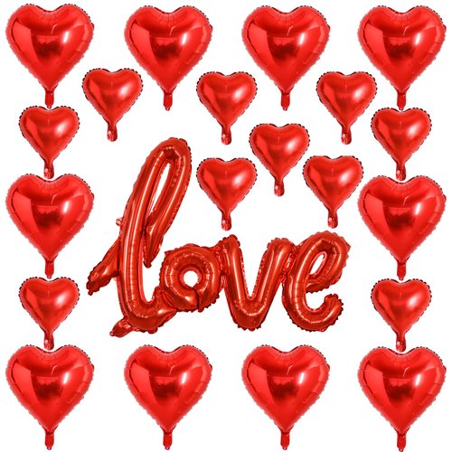 TONIFUL Red Heart Balloons and Red Love Balloon Kit Romantic Valentine’s Day Foil Mylar Balloons Decoration for Valentine's Day Wedding Bridal Shower Anniversary Engagement Party Supplies(21PCS)