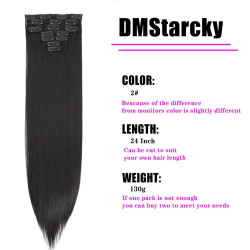 DMStarcky Straight Clip In Hair Extensions 24 Inches for Black Women, 7 Pieces/Set Hairpieces Heat Resistant Synthetic Fiber Double Weft Hair Extensions Natural Black Color