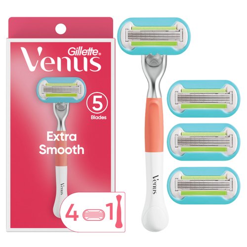 Gillette Venus Extra Smooth Pink Women's Razor Handle + 4 Blade Refills, Holiday Gifts for Women