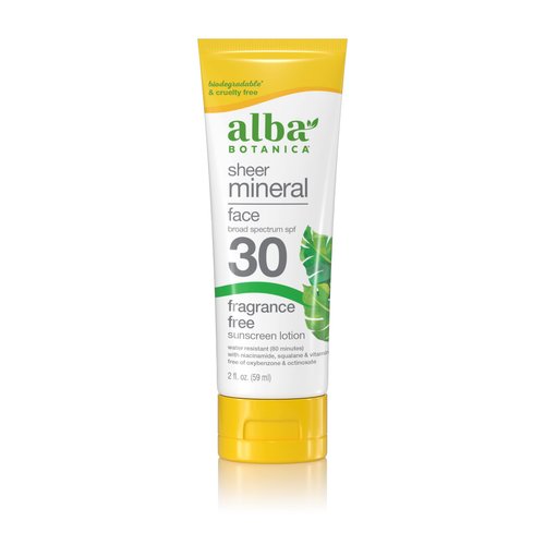Alba Botanica Sunscreen for Face, Fragrance-Free Sheer Mineral Face Sunscreen Lotion, Broad Spectrum SPF 30, Water Resistant and Biodegradable, 2 fl. oz. Bottle