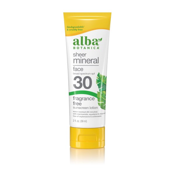 Alba Botanica Sunscreen for Face, Fragrance-Free Sheer Mineral Face Sunscreen Lotion, Broad Spectrum SPF 30, Water Resistant and Biodegradable, 2 fl. oz. Bottle