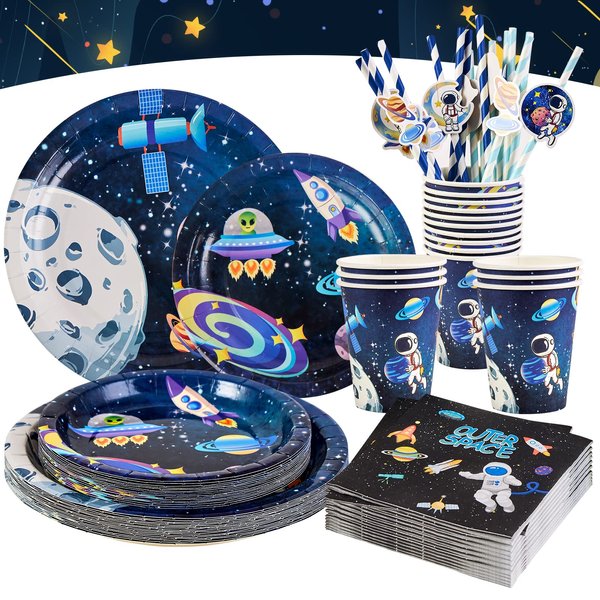 SUNBEAUTY 96 Pcs Space Birthday Decorations,Outer Space Party Supplies Galaxy Planet Cupcake Wrappers, Paper Cups, Plates, Straws Forks for Boys Kids Serves 16