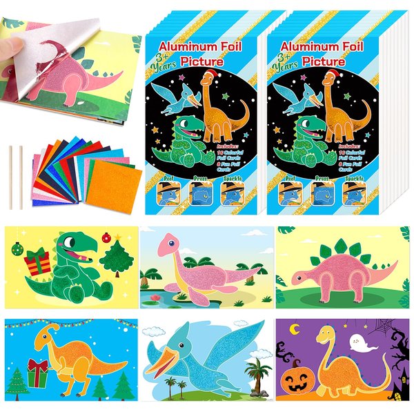 90shine 16Pack Foil Art Kit Dinosaur Foil Picture Arts Crafts Party Favors Halloween Christmas Birthday DIY Gifts for Kids