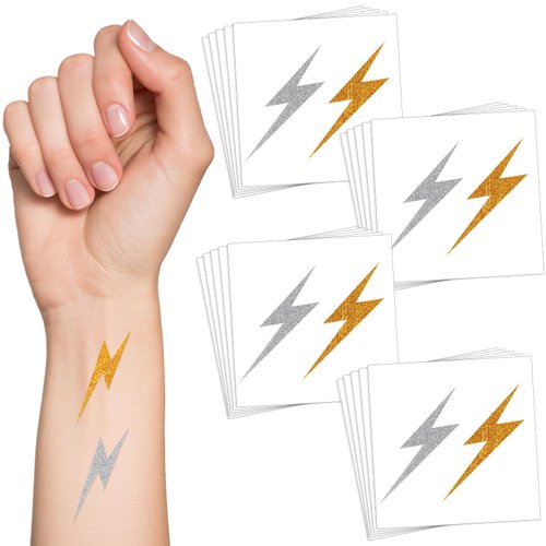 Cholemy 50 Sheets 100 Pcs Glitter Lightning Bolt Temporary Tattoos Metallic Gold and Silver Lightning Bolt Stickers 2 x 2 Inches Removable Apparel Accessories for Birthday Party(Classic Style)