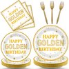 96Pcs Happy Golden Birthday Party Supplies White Gold Birthday Paper Plates Napkins Gold Glitter Birthday Dessert Party Tableware Set Golden Dinnerware for Women Men Birthday Party Decoration Serve 24