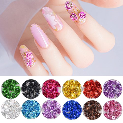 Metal Flowers Nail Art Decorations, 12 Colors Aluminum Flower Nail Glitter Sequins, 3D Flat Back Floral Nail Art Design, Rose Blossom Nail Rivet for Nail Art Supplies, Flower Making Craft Accessories