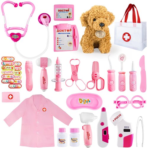 Doctor Kit for Kids, 25 Pcs Kids Doctors Play Set, Doctor Kit for Toddlers with Dog Toy,Storage Bag, Stethoscope Toy, Dress Up Costume and Accessories,Pretend Play Medical Kit for Toddlers Ages 3-6