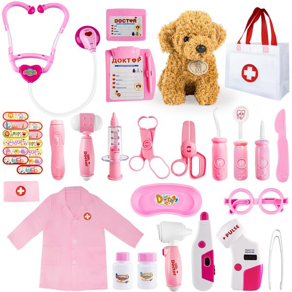 Doctor Kit for Kids, 25 Pcs Kids Doctors Play Set, Doctor Kit for Toddlers with Dog Toy,Storage Bag, Stethoscope Toy, Dress Up Costume and Accessories,Pretend Play Medical Kit for Toddlers Ages 3-6