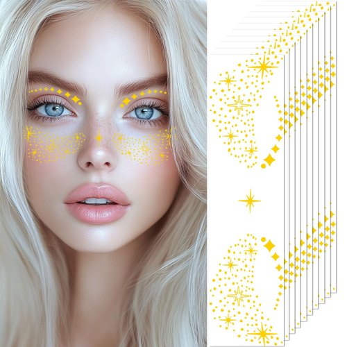 Gold Glitter Freckles Temporary Face Fake Tattoos For Women, Sparkle Waterproof Makeup Patches, Glow Up Faux Shining Stars Speckles - 10 Count