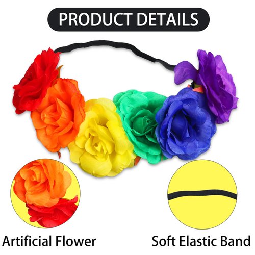 SeBneny Rainbow Rose Floral Crown Headband for Women, Gay Pride Day Boho Outfits Party Supplies Headwear 1PCS