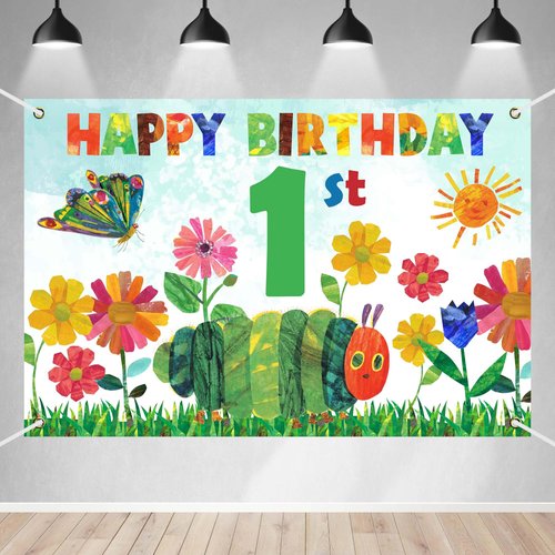 The Cute Hungry Caterpillar Happy Birthday Banner Backdrop 1 Year Old Cartoon Hungry Caterpillar Butterfly Colorful Flower Theme Decor for Boys Girls Birthday Party Favors Supplies 70.8x47.2in-BECKTEN