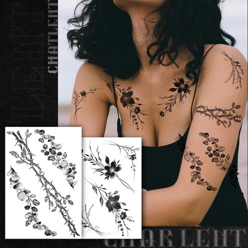 CHARLENT Arm Band Flower Temporary Tattoos for Women Girls - 9 Sheets Long Size Watercolor Leaves Flowers Fake Tattoos for Women Girls Wrist, Ankle, Arm Band