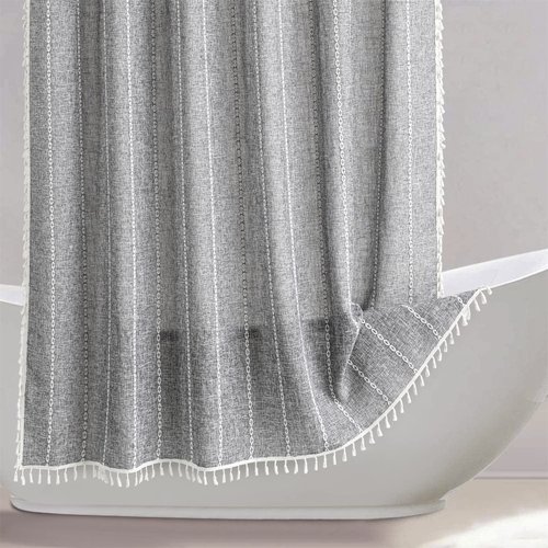 RoomTalks Dark Gray Boho Shower Curtain Set Extra Long 84 Inch Length Premium Quality Cotton Linen Modern Farmhouse Vintage Chic Shower Curtain Bohemian Bathroom Decor