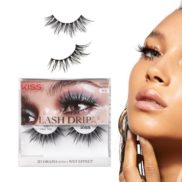 KISS Lash Drip False Eyelashes, Spiky X Boosted Volume, Unique Wet Look Hydrated Effect, Multi-Length Rewearable Fake Eyelashes, Wispy Crisscross Lash Pattern, Style ‘You Dew You’, 1 Pair