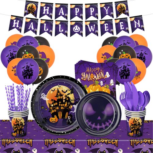 160 Pcs Halloween Party Supplies for 16 Guest, Halloween Paper Plates and Napkins Disposable Tableware Set Include Flag Ballons Knife Fork Spoon Tablecloth for Happy Halloween Birthday Party Supplies