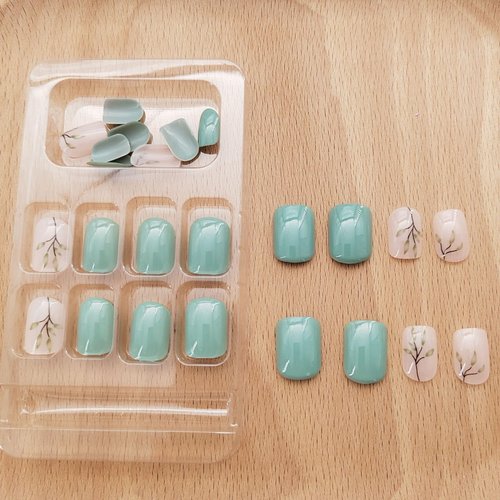 Xenophoer Short Press on Nails Square Fall Light Green Acrylic Fake Nails with Leaves Designs Artificial Nails Press ons Reusable Glue on Nails for Women and Girls 24 Pcs