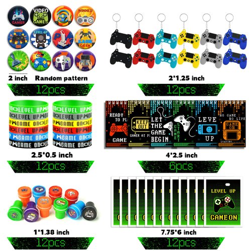 BANBALLON 66 PCS Video Game Party Favors Video Game Theme Notepads Wristbands Stampers Keychains For Level Up Party Gamer Birthday Party Classroom Rewards Supplies