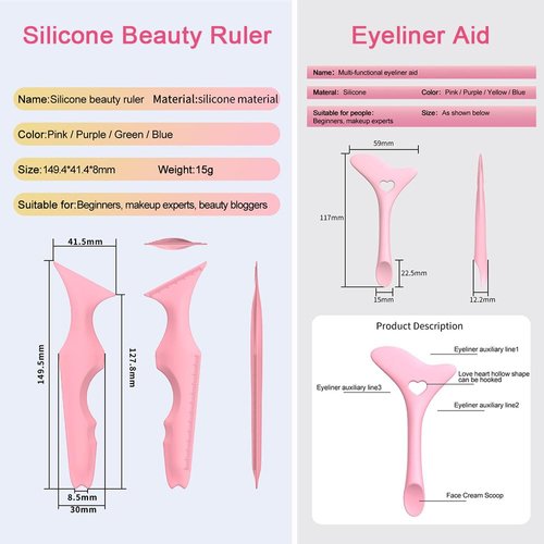 YRAKOZIN Multifunctional Eyeliner Stencils [2 PCS], Eye Makeup Tool Set[Winged Eyeliner Aid + Silicone Beauty Ruler] as Eyelash Shield/Eyebrow Shaping/Jaw Line/Lip Line for Beginners (Pink)