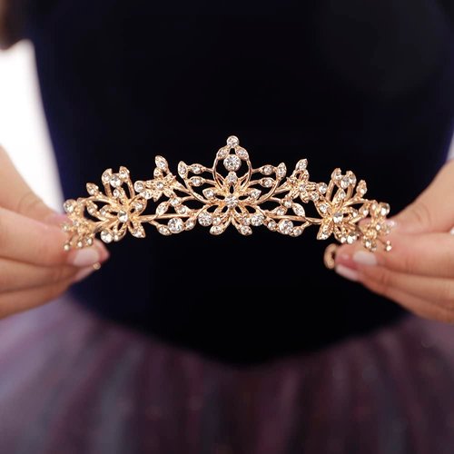 JWICOS Crystal Tiaras and Crowns for Women and Girls Bridal Princess Rhinestones Crystal Flower Wedding Tiara Crown for Birthday Pageant Prom Party (Gold)