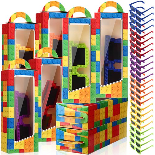Relaxweex 24 Pcs Building Block Games Party Favors Includes Building Bricks Theme Party Gift Boxes Block Mania Building Block Sunglasses DIY Christmas Birthday Party Supplies for Adults