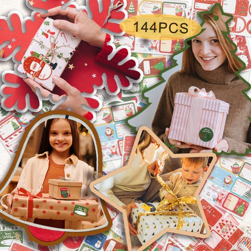 144 Pcs Christmas Gift Tags, Christmas Self Adhesive Gift Tag Stickers, Holiday Labels for Gifts Santa, Snowman, Tree, Reindeer Present Name Labels for DIY Xmas Gift