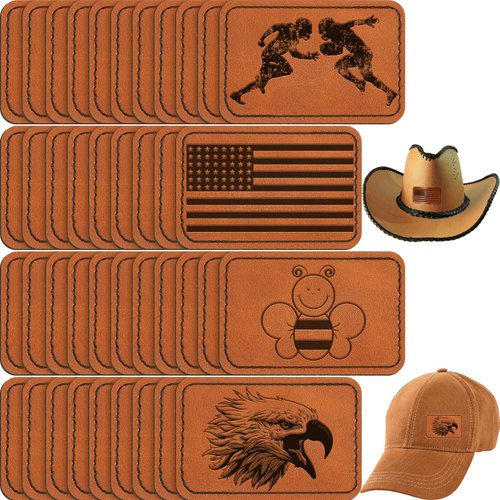 60 Pcs Blank Leatherette Hat Patches with Adhesive Rustic Leatherette Rectangle Patch Faux Leather Patches for Hats Custom Fabric Repair Sew Laser Supplies (Khaki,3 x 2 Inch)
