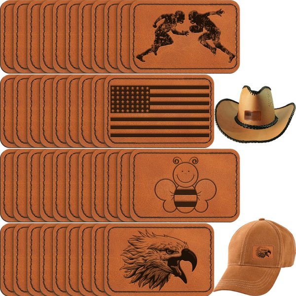 60 Pcs Blank Leatherette Hat Patches with Adhesive Rustic Leatherette Rectangle Patch Faux Leather Patches for Hats Custom Fabric Repair Sew Laser Supplies (Khaki,3 x 2 Inch)