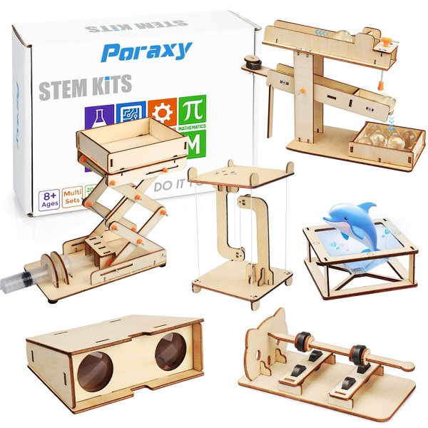 Poraxy 6 in 1 STEM Kits for Kids Age 8-10, Science Building Educational Experiment Projects 8-12, 3D Wooden Puzzles Crafts, Toys for Age 8-13, Gifts for Boys and Girls 6 7 8 9 10 11 12 13 Years Old