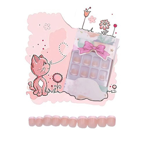 MISUD French Fake Nails 24pcs Classic Natural Pre-Glued Short Square Shape with Shiny Edge False ...