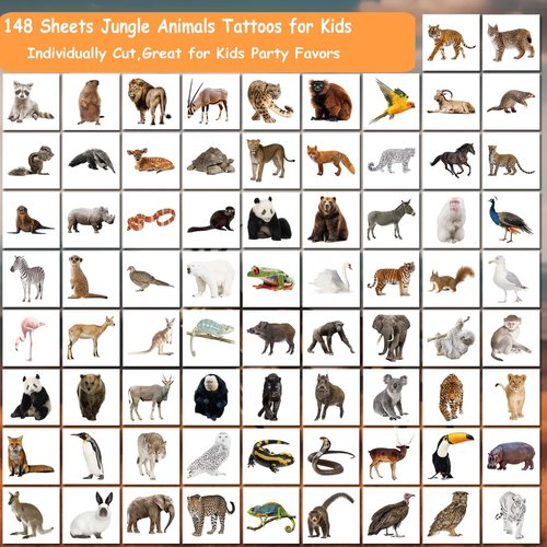 CHARLENT Jungle Animals Temporary Tattoos for Kids Party Supplies - 148 Individually Sheets Safari Animals Tattoos for Boys Girls Animals Birthday Party Favors Goodie Bag Fillers