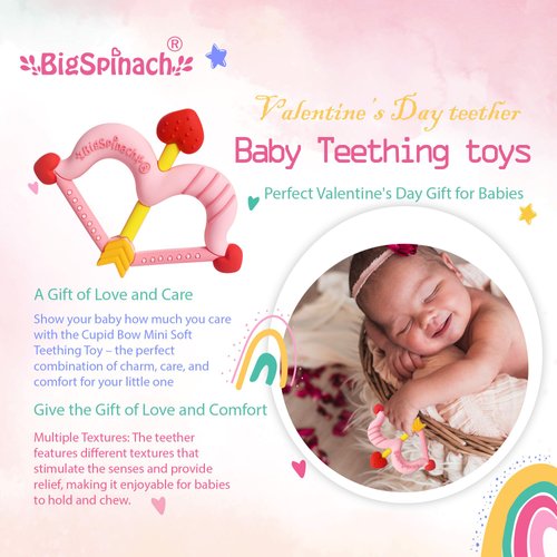BIGSPINACH Teethers Heart Shape Silicone Baby Teether Toy Easy for Little Hands to Hold,Cupid Bow and Arrow Soft Teething Toy for Infants,Valentine's Day Gift for Girl or Boy (Pink)