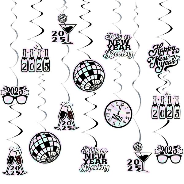 Poen 32 Sets 2025 New Years Eve Party Decorations Disco Happy New Year Party Hanging Swirl Iridescent New Years Eve Party Supplies for 2025 New Year Disco Party Supplies